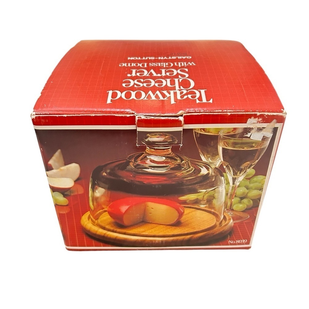 Vtg 1982 gailstyn Sutton Towle teakwood cheese Server Glass Dome original box